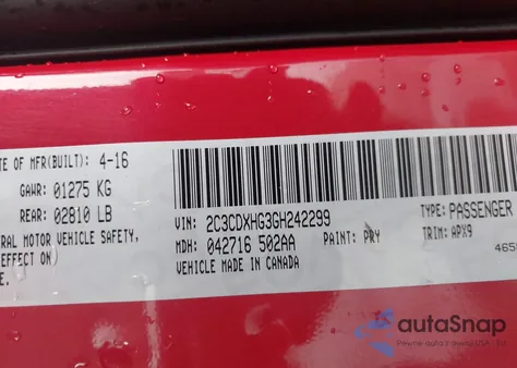 2016 Dodge Charger Sxt из США, поврежденный, VIN 2C3CDXHG3GH242299